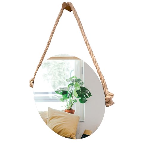 Espelho Decorativo Adnet Vintage Alça Sisal Natural 60 cm Redondo 60 cm