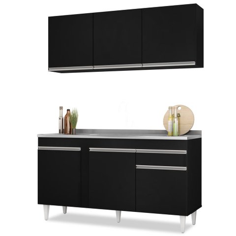 Armário Aéreo Argélia e Balcão Gabinete com Pia Inox 150cm Dakota Preto - Lumil