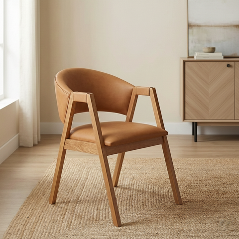Cadeira de Jantar Estofada em Madeira Maciça e Courino Hibisco Marrom/Caramelo