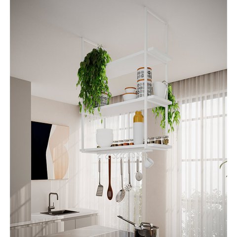 Prateleira Estilo Industrial Suspensa Teto Cozinha Nicho Denver 80cm - Branco