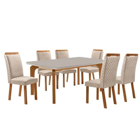 Mesa de Jantar Liz 180cm Tampo MDF Vidro Canto Copo com 6 Cadeiras Lorena Moderna Mobília