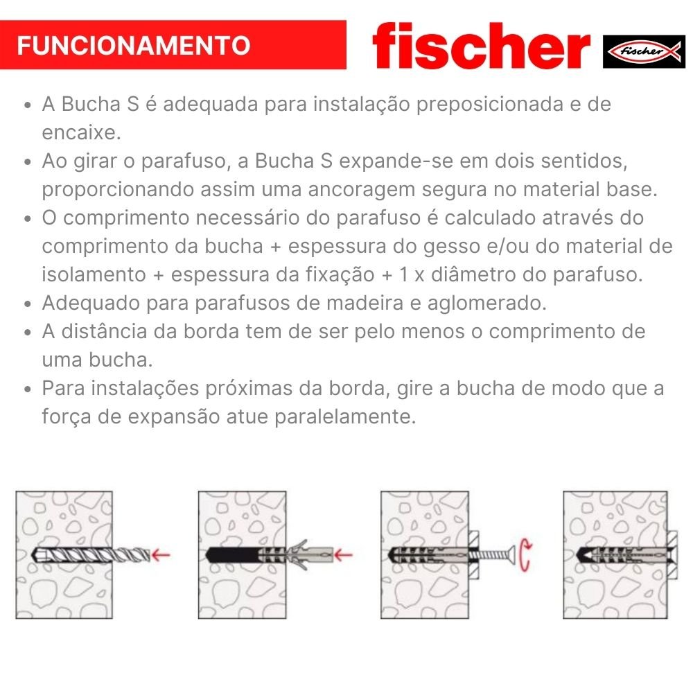 Bucha para concreto S com aba fischer - 8X40mm - Caixa com 25 buchas S8 com aba, 25 ganchos abertos - 6