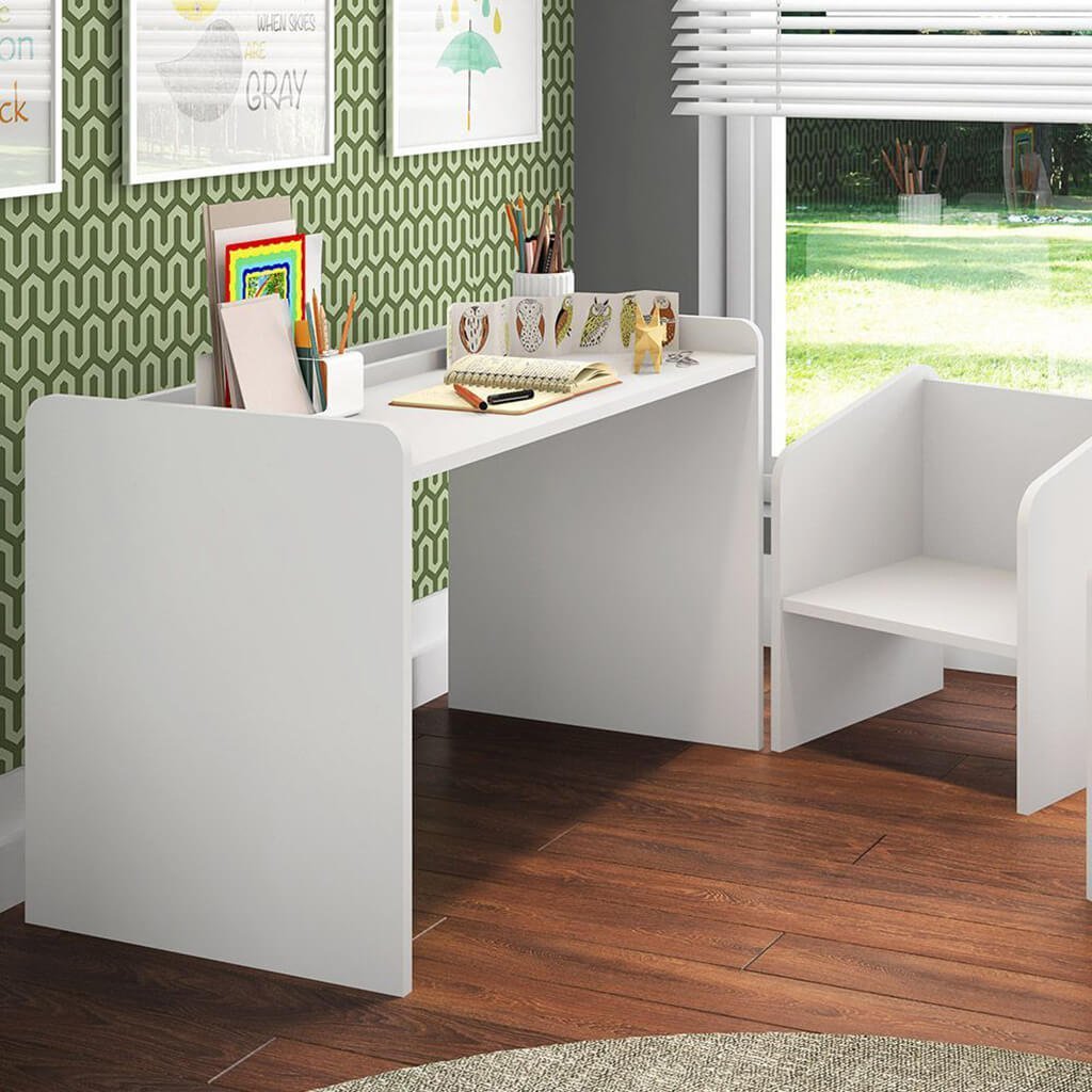 Mesa Infantil Montessoriana Dupla Com 2 Poltronas Branca Lilies Móveis