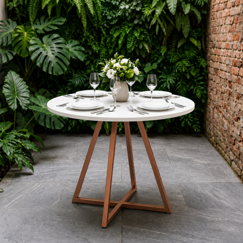 Mesa de Sala e Jantar Paris Modelo Industrial Moderno Tampo Redondo Branco com Base de Ferro Cobre