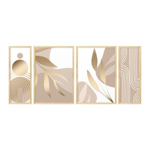 Kit 4 Quadros com Moldura Folhas Linhas Minimalista Sala Escritório