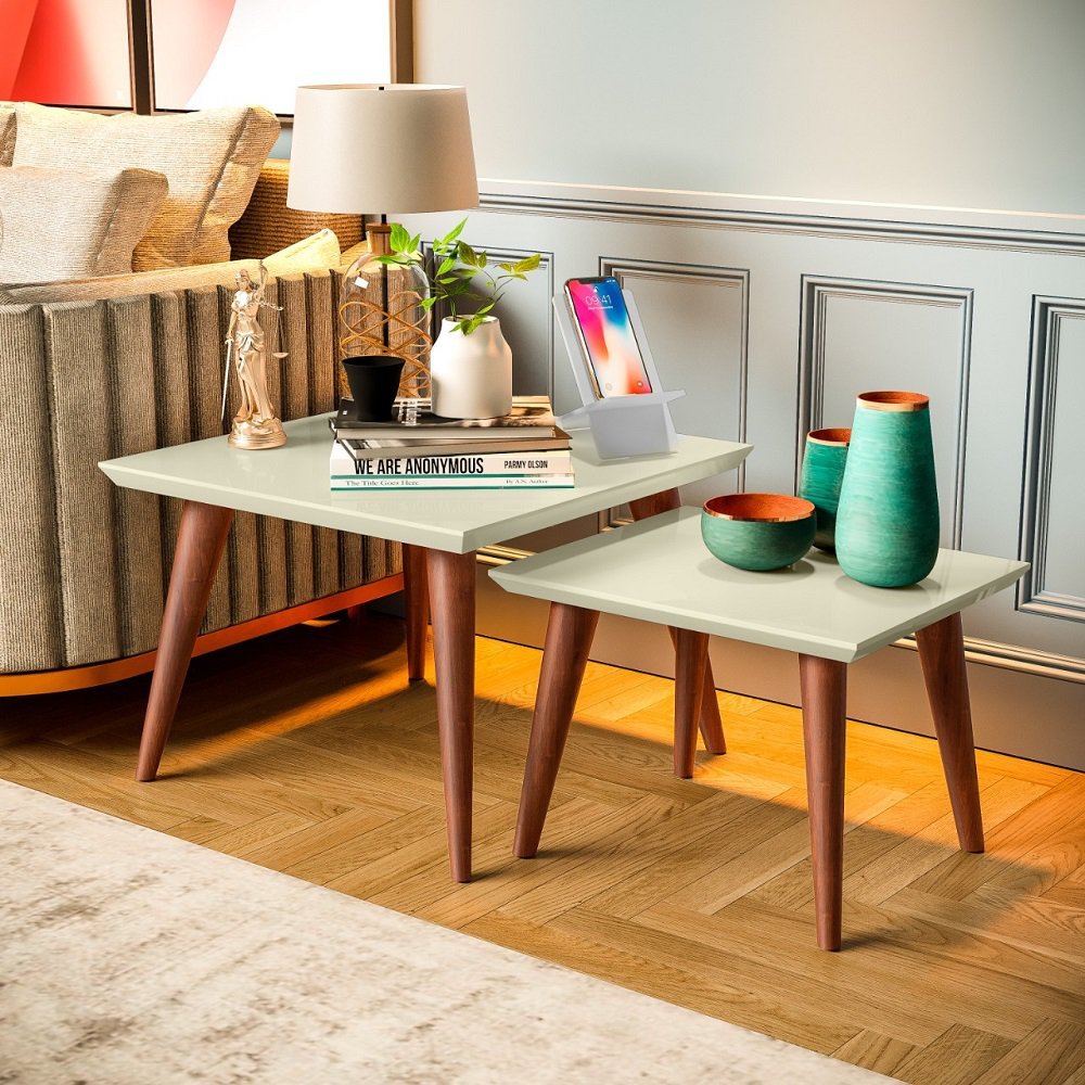 Conjunto de Mesa Lateral de Canto Decorativa Off/White