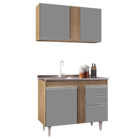 Armário Aéreo Indiana e Balcão Gabinete 100cm com Pia Inox Luziania Castanho/Cinza - Lumil Lumil Móv