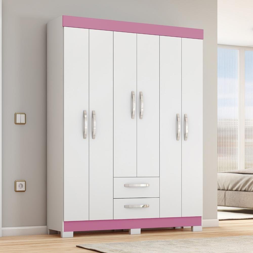 Guarda-roupa Casal 6 Portas 2 Gavetas Belize Notável Branco/rosa ...