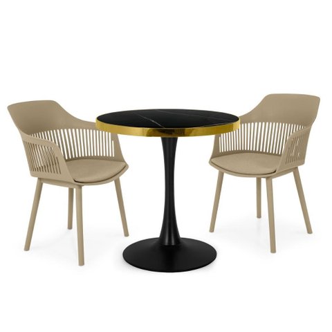Conjunto Mesa de Jantar Redonda Majestic 70cm Preta com 2 Cadeiras Estofadas Marcela - Nude Escuro