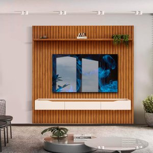 Rack Suspenso Com Painel Ripado Até 75 Polegadas 250cm x 240cm Freijó Off White Vega Shop Jm