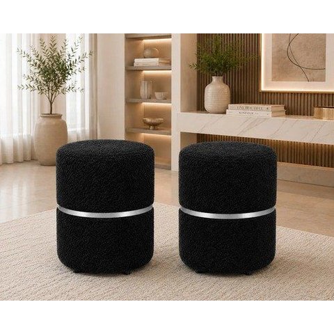 Kit de Puff com Cinta no Meio Prata, Cor Preto Boucle - Let Móveis