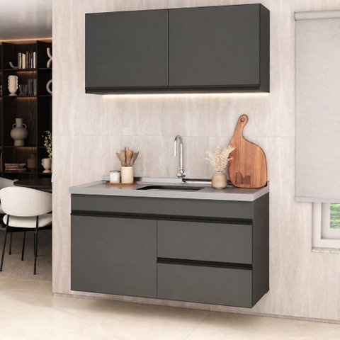 Armário Cozinha Modulada Compacta Suspensa com Pia 120cm Milano Multimóveis MCR2478 Grafite
