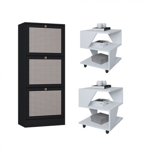 Kit Sapateira Spin Tropical 3 Portas e 2 Mesas de Cabeceira/centro Poquema