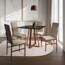 Ver imagem 1 de Conjunto de Jantar Mesa Mônaco Premium 90cm Preta com 4 Cadeiras Estofadas Bege Base Cobre Preto