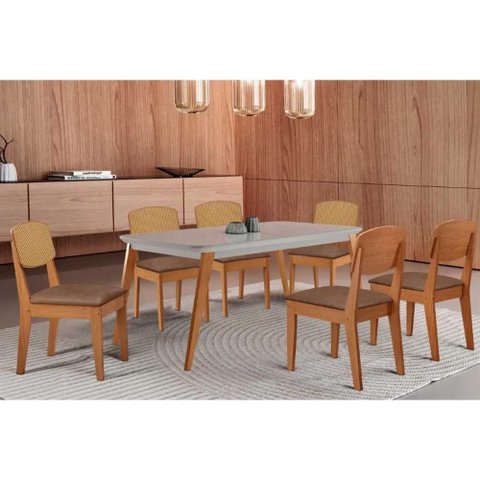 Sala Jantar Mesa Havana Tampo C/ Vidro Curvo 180cm+6 Cadeiras Havana Naturale/off White - Linho