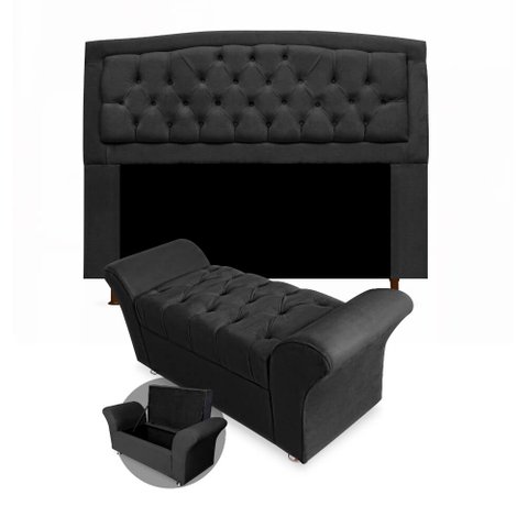 Kit Cabeceira Geovana + Calçadeira Baú Veneza King Size 195cm Suede - Renascer Decor:Preto