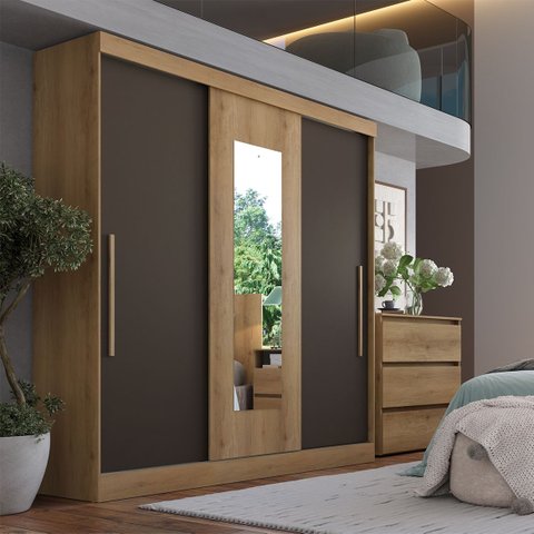 Guarda-Roupa 3 Portas de Correr Reversível com Espelho 200x55x200cm Vision Marrom Capuccino/Cacau/Off White