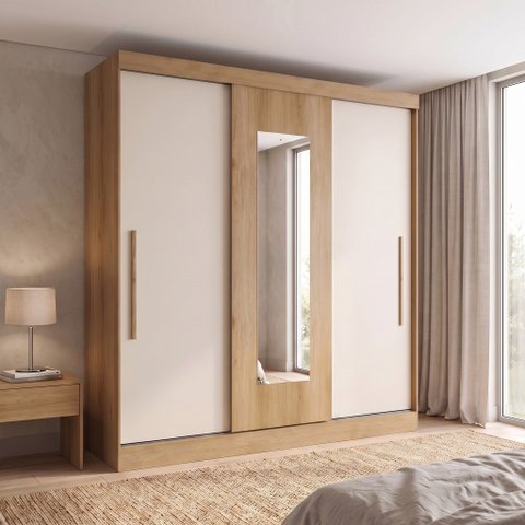 Guarda-Roupa 3 Portas de Correr Reversível com Espelho 200x55x200cm Vision Yescasa Marrom Capuccino/Cacau/Off White