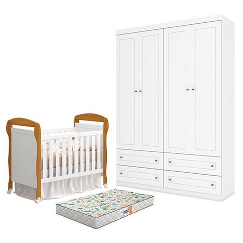 Berço Americano Danny Branco Acetinado Savana Reller e Guarda Roupa Infantil 4 Portas Americano Bran
