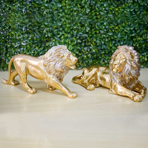 Kit Leão Estatueta Escultura Decoração Sala Escritório Animal Enfeite Decorativo - Kit 2 Peças Doura - 12