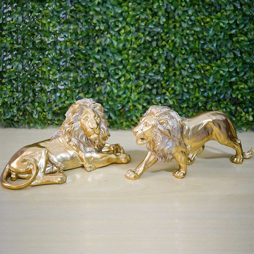 Kit Leão Estatueta Escultura Decoração Sala Escritório Animal Enfeite Decorativo - Kit 2 Peças Doura - 11