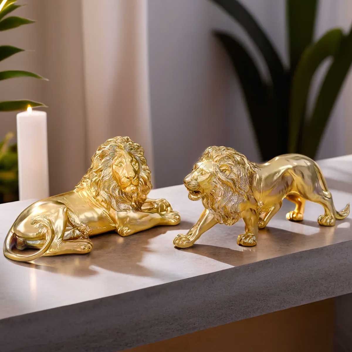 Kit Leão Estatueta Escultura Decoração Sala Escritório Animal Enfeite Decorativo - Kit 2 Peças Doura - 4