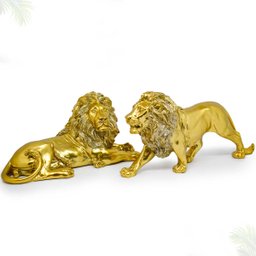 Kit Leão Estatueta Escultura Decoração Sala Escritório Animal Enfeite Decorativo - Kit 2 Peças Doura - 1