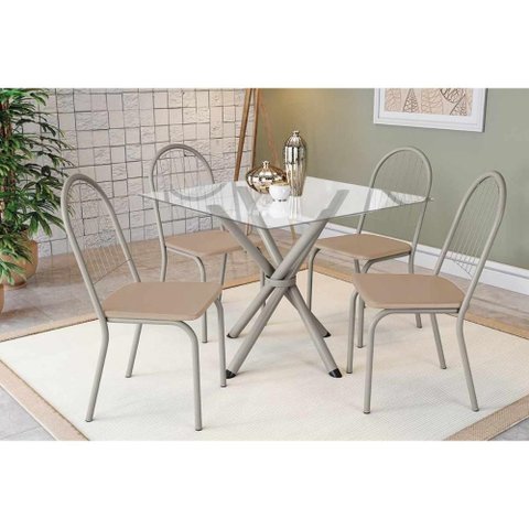 Conjunto: Mesa de Cozinha Volga C/ Tampo de Vidro 90cm e 4 Cadeiras Noruega Niquel - Courano Bege -