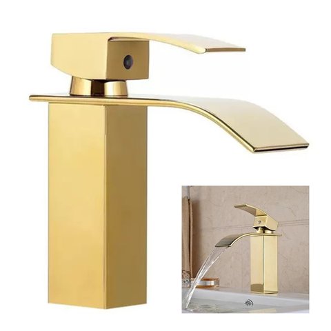 Torneira Cascata Inox Dourada Monocomando Luxo Lavabo Banheiro Bancada Mesa Misturador Agua Fria