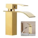 Ver imagem 1 de Torneira Cascata Inox Dourada Monocomando Luxo Lavabo Banheiro Bancada Mesa Misturador Agua Fria