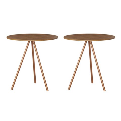 Kit 2 Mesas Lateral Decorativa Gabriela Base Cobre Tampo Redondo Amêndoa