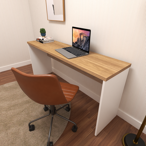 Escrivaninha Mesa Escritório 100% MDF 160CMX42CM com Caixa de Tomada 160cm Branca e Carvalho Mel Bege
