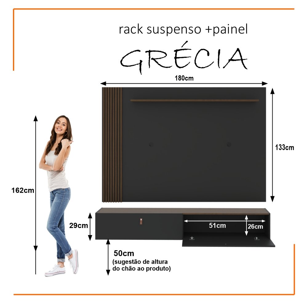 Rack com Painel Ripado Suspenso para Tv até 70 Polegadas 2 Portas Grécia 180cm - 10