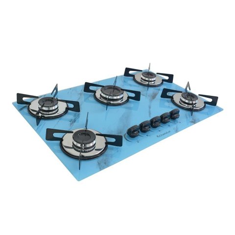 Cooktop Chamalar Bivolt Premium 5 Bocas Ultra Chama Vidro Temperado Marmorizado Azul