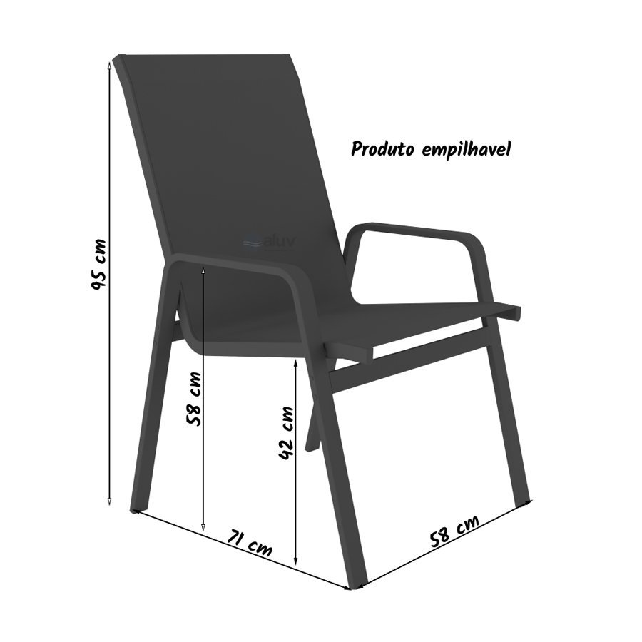 Mesa 4 cadeiras Ripado Piscina Alumínio Preto e Tela Azul - 4
