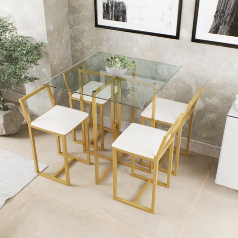 Conjunto Mesa Vidro 4 Cadeiras Pequena Estofado Branco Industrial Don Castro Decor