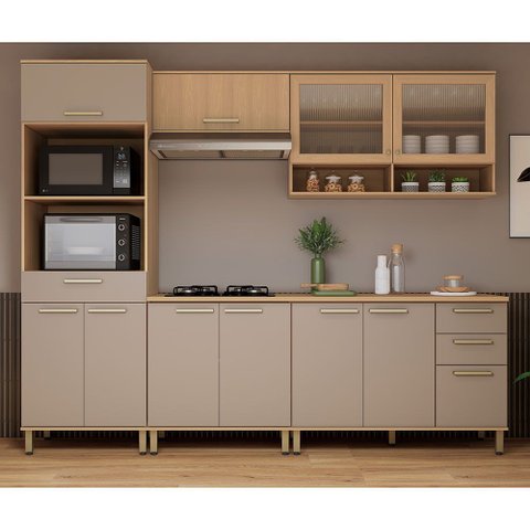 Cozinha Compacta 100 Mdf 5 Peças com Tampo e Espaço Forno e Micro-ondas 270cm Duna Luciane Móveis