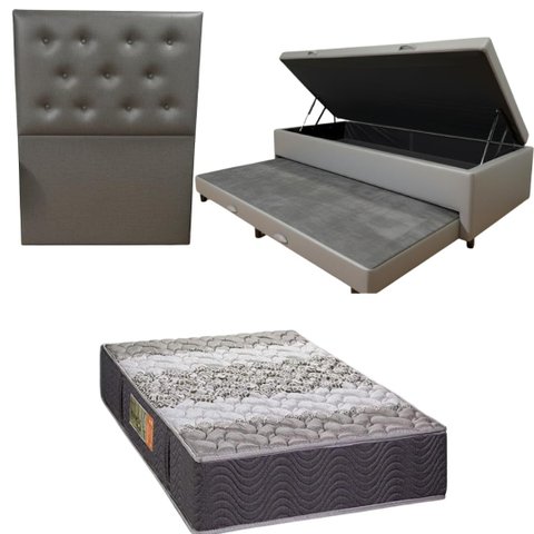 Bicama Box Baú com Colchão de Espuma Orthopedic + Cabeceira Botonê - Solteiro - Corino Cinza