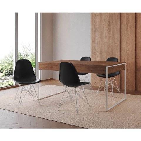 Mesa Jantar Industrial Retangular Amêndoa 137X90Cm Com 4 Cadeiras Pretas Base Ferro Cor: Amendoa