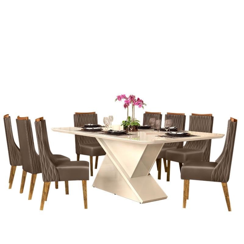 Conjunto Mesa de Jantar Zoe Cinza com Vidro e 8 Cadeiras Amelia