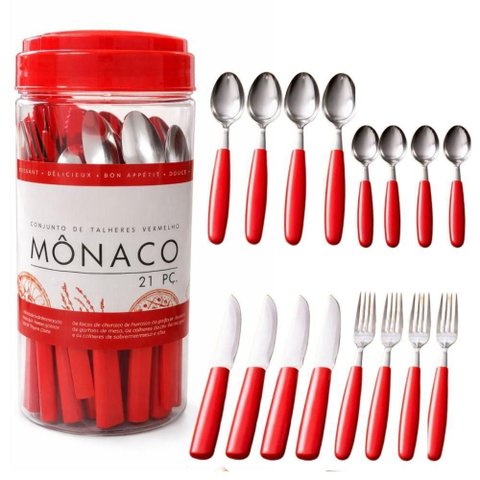 Conjunto de Talheres Mônaco 21 Peças Inox e Plástico Vermelha Fratelli