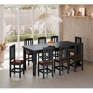 Conjunto Mesa de Madeira Preto 200x88 + 8 Cadeiras Estofadas Sfa