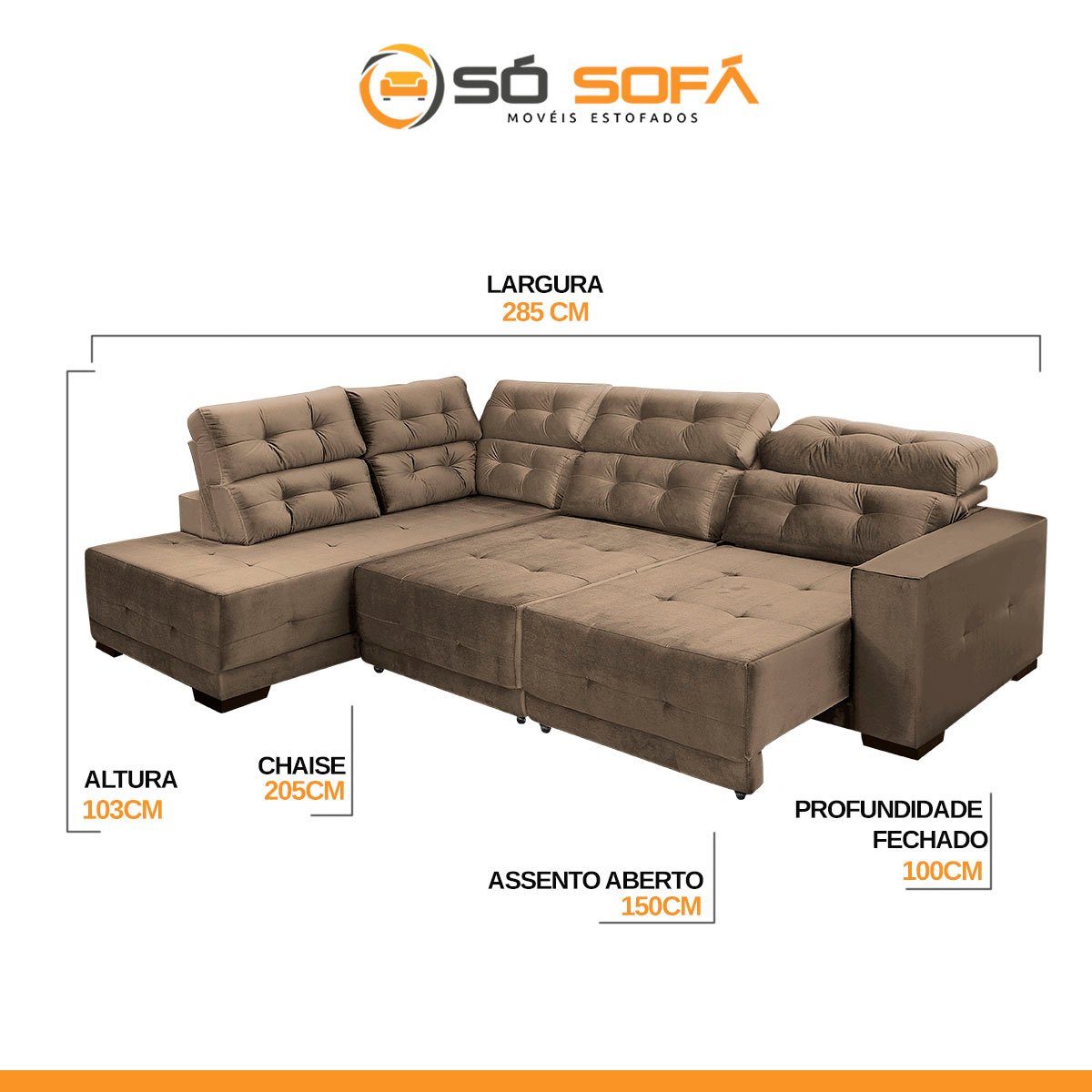 Sofá Canto Chaise E Impermeabilizado 285 x 205 cm Retrátil Reclinável Sttilo Suede Bege - SóSofa - 2