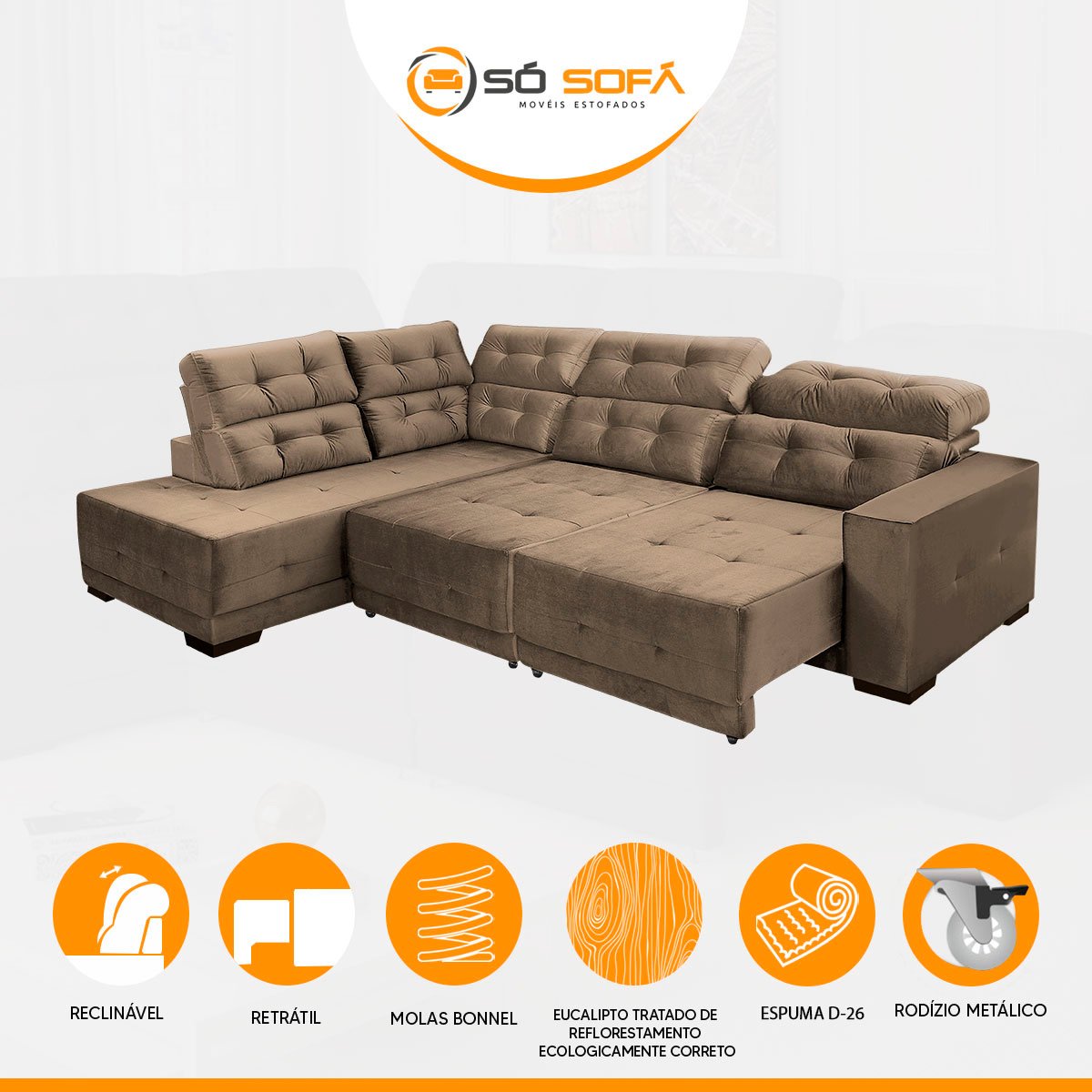 Sofá Canto Chaise E Impermeabilizado 285 x 205 cm Retrátil Reclinável Sttilo Suede Bege - SóSofa - 3