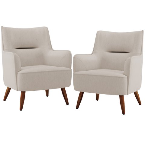 Kit 02 Poltronas Decorativa Fixa Pés de Madeira Isabella D02 Linho Cru B-443 - Lyam Decor
