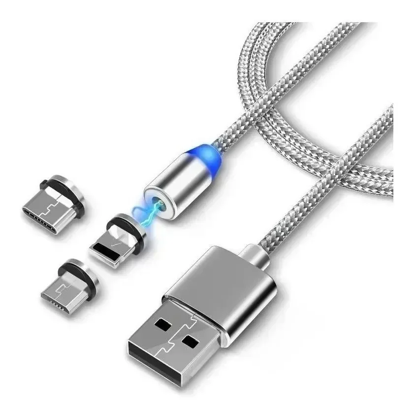 Cabo Carregador Trançado Magnético Usb 3 em 1 Imã 1 Metro:cinza - 1