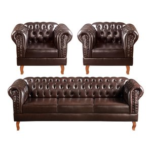 Conjunto Sofá Chesterfield 3 Lugares + 2 Poltronas Dom Pedro - Couríssimo Café