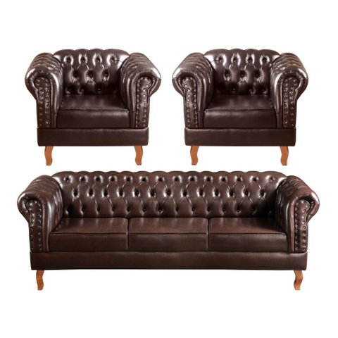 Conjunto Sofá Chesterfield 3 Lugares + 2 Poltronas Dom Pedro - Couríssimo Café