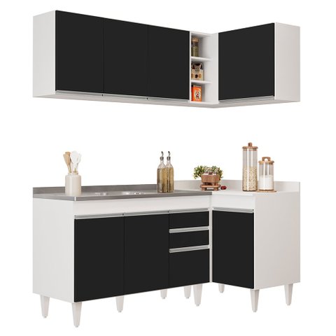 Armário de Cozinha Modulado de Canto Esquerdo 4 Peças Cp48 com Pia Inox Branco/preto - Lumil Lumil M