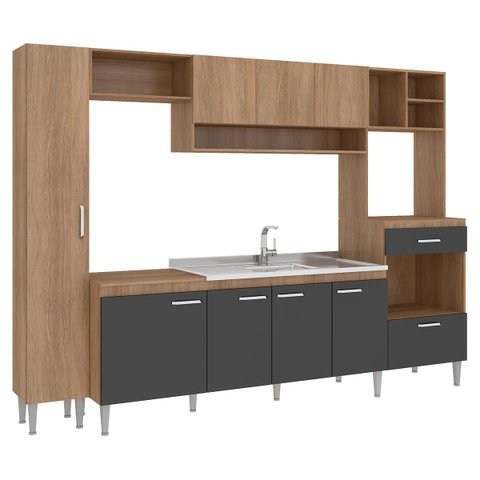 Cozinha Completa Modulada Inova 2,70m MDP Carvalho Grafite - ClickLar